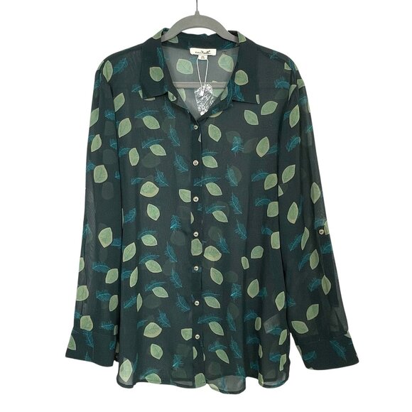 NWT Simply Noelle Sheer Button Down Tab-Sleeve Leaf Blouse Midnight Blue Sz XXL - Picture 2 of 14